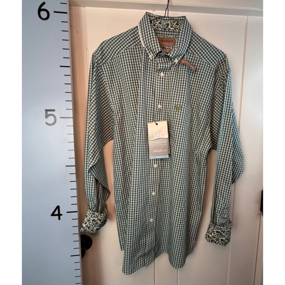 Ariat Button-Down Green Blue Plaid Paisley Shirt Men's Medium‎ NEW